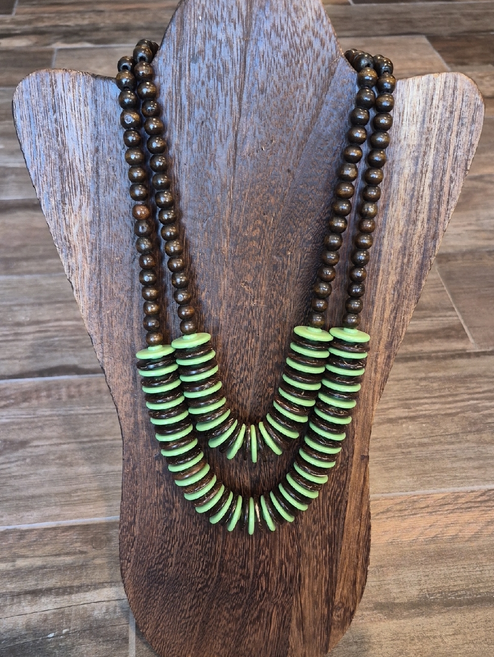 Paparazzi "Dominican Disco" Green & Brown Double Strand Wood Bead Necklace